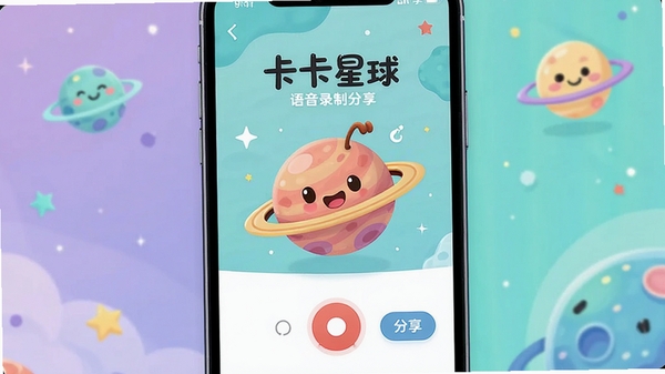 卡卡星球语音录制与分享界面,手机展示录音按钮和分享选项,卡通星球吉祥物,清新配色