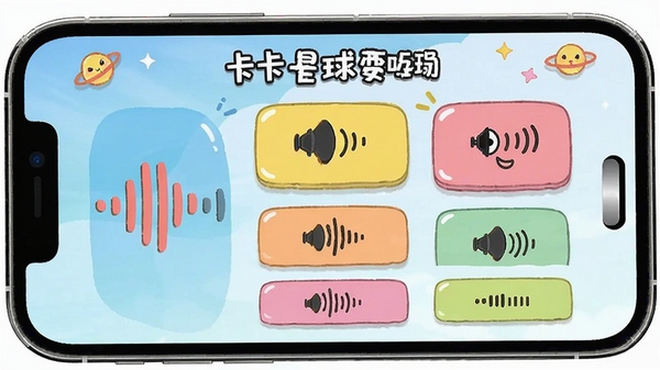 卡卡星球变声功能操作界面,手机屏幕显示多种变声效果选项,卡通音波图标,活泼明快的界面风格