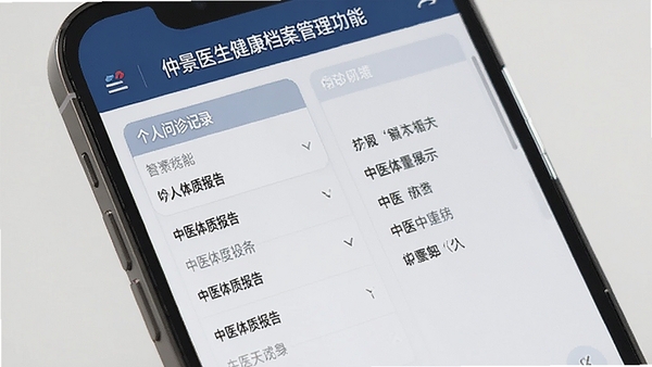 仲景医生健康档案管理功能界面,个人问诊记录列表,中医体质报告展示,手机屏幕特写