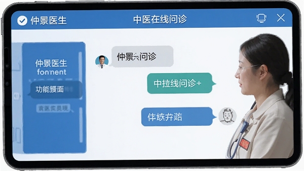 仲景医生应用界面展示,中医在线问诊功能页面,医生与患者文字交流场景,简洁蓝色调UI设计