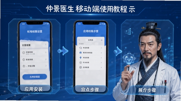 仲景医生移动端使用教程示意图,手机权限设置界面,应用安装步骤展示,蓝色科技风格