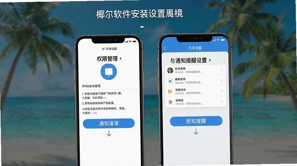 椰尔软件安装设置界面示意图,展示手机权限管理与通知提醒设置页面,简洁清晰的操作指引风格