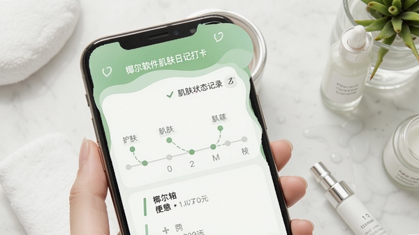 椰尔软件肌肤日记打卡界面,手机屏幕展示护肤时间轴与肌肤状态记录,清新绿色调,简约现代风格