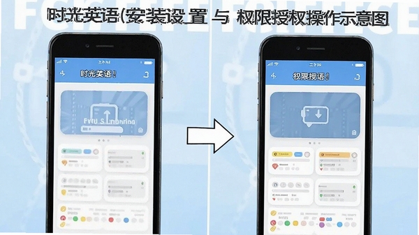 时光英语安装设置与权限授权操作示意图,手机界面分步演示