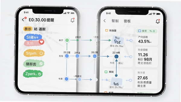 精制软件工序看板功能示意,手机界面显示彩色状态标签与时间提醒,流程节点清晰排列,现代简约UI风格,突出进度管理效率