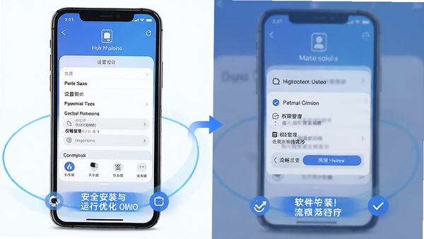 我看到你了软件安装与运行优化示意图,手机屏幕显示设置界面与权限管理选项,突出安全安装与流畅运行要点
