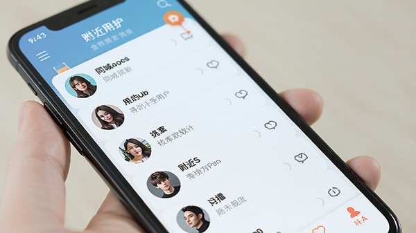 本地寻欢软件界面展示同城动态列表与附近用户头像,手机屏幕特写,现代社交APP风格,明亮色调