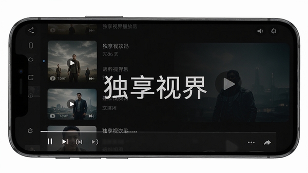 独享视界播放器界面展示,手机屏幕中呈现简洁的视频列表与播放控制栏,背景为深色护眼主题,画面中央有独享视界软件名称水印