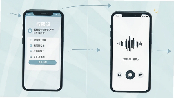 冥想软件使用教程示意图,手机屏幕展示权限设置页面与白噪音播放界面,简洁操作指引风格,扁平化设计