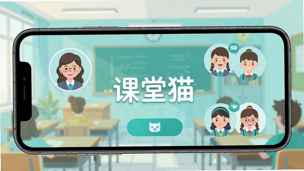 课堂猫软件主界面展示,手机屏幕中呈现课堂互动答题界面,老师与学生头像互动,清新蓝绿色调,扁平化设计风格,画面中央带有课堂猫软件名称字样,背景为明亮教室场景