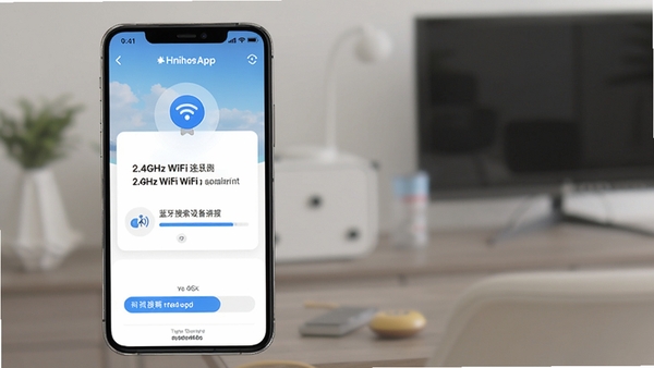 智慧家App设备添加配网引导页面,手机屏幕显示2.4GHz WiFi连接提示与蓝牙搜索设备进度条,简洁明了的操作界面