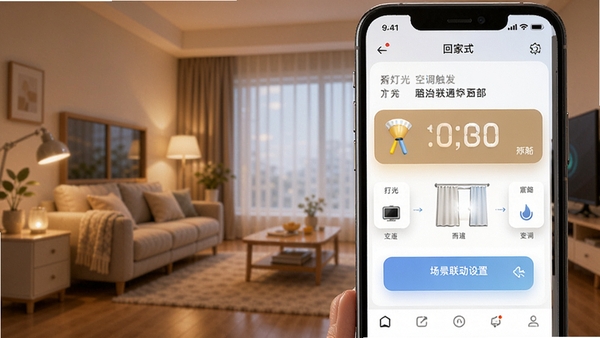 智慧家App场景联动设置界面,手机屏幕展示回家模式一键触发全屋灯光空调窗帘联动,温馨家居氛围,科技感UI设计