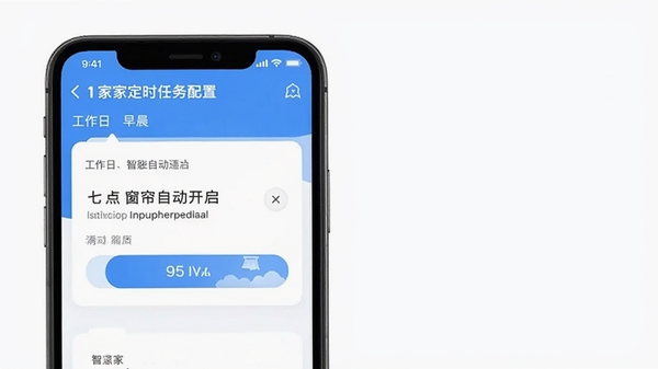 智慧家App定时任务配置页面,展示工作日早晨七点窗帘自动开启的自动化规则,简洁清晰的移动端界面