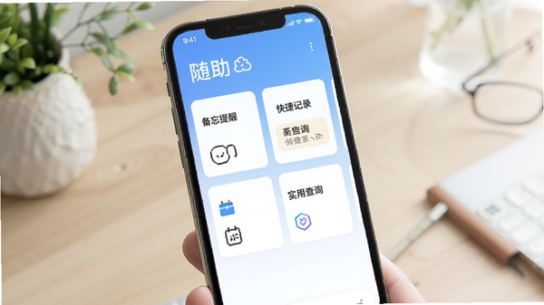 随助软件主界面展示,手机屏幕中呈现简洁的卡片式功能布局,包含备忘提醒、快捷记录、实用查询等模块,整体风格清爽现代,突出“随助”软件名称与便捷生活辅助定位