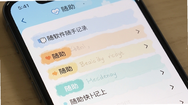 随助软件快捷记录界面,手机屏幕展示便签式记录列表,内容分类清晰,配色柔和,突出“随助”随手记录的轻便体验