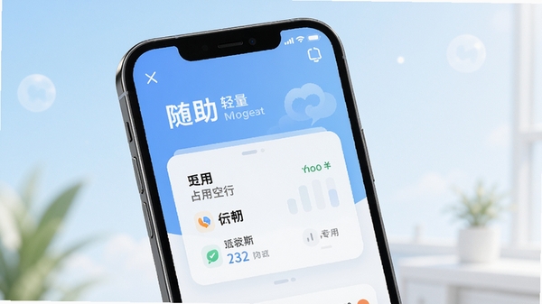 随助软件轻量运行示意,手机屏幕显示软件占用空间小的数据面板,搭配清爽背景,突出“随助”低占用、流畅运行的优势