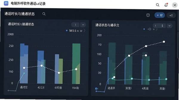电销外呼软件通话记录统计页面截图,展示通话时长与接通状态图表,数据可视化风格
