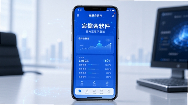 宸樾会软件官方正版下载安装界面展示,手机屏幕显示会务管理主页,简洁蓝色调UI,现代科技感,高清产品展示图