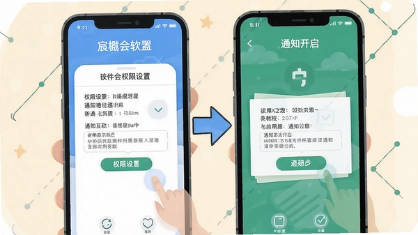 宸樾会软件安装使用教程示意图,手机屏幕展示权限设置与通知开启步骤,清晰操作指引,扁平插画风格