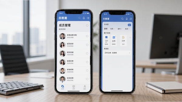 宸樾会软件成员管理与资料共享功能界面,手机展示成员列表和文件归档页面,清爽扁平化设计,商务办公风格
