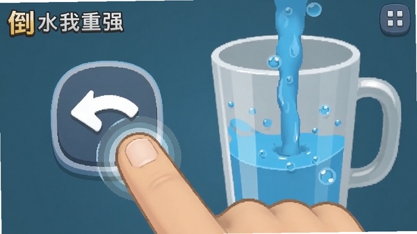 倒水我很强游戏内撤销与重开按钮特写,手指点击撤销图标,水杯液体回退动画效果,突出辅助功能