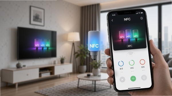 NFC Lighting软件界面展示,手机靠近智能灯具进行NFC配对,简洁的APP控制面板,科技感灯光效果,现代家居环境