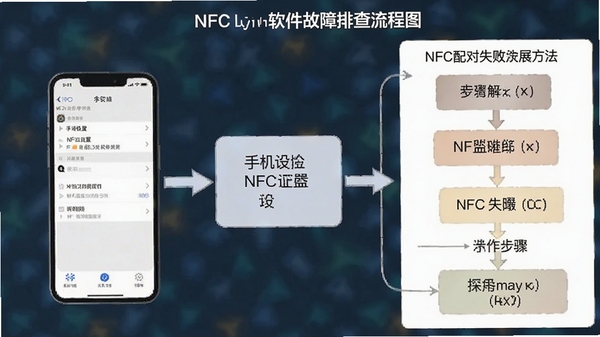 NFC Lighting软件故障排查流程图,展示NFC配对失败解决方法,手机设置界面与操作步骤示意,清晰直观
