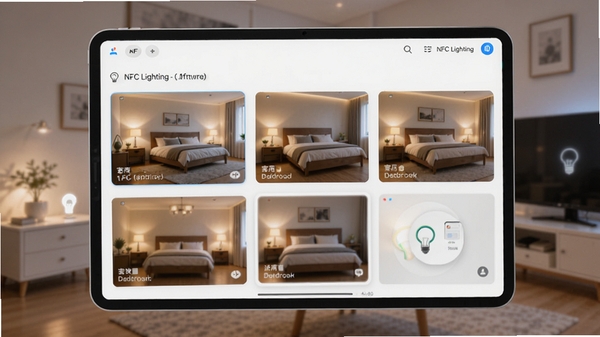NFC Lighting软件多设备分组管理界面,展示客厅卧室灯光分组控制,明亮简洁的UI设计,智能家居场景