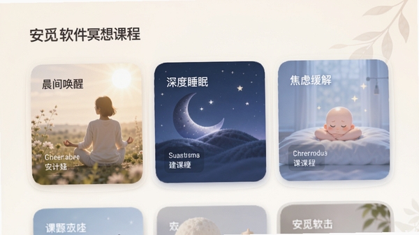 安觅软件冥想课程列表界面,展示不同主题的课程卡片,如“晨间唤醒”、“深度睡眠”、“焦虑缓解”,界面风格柔和