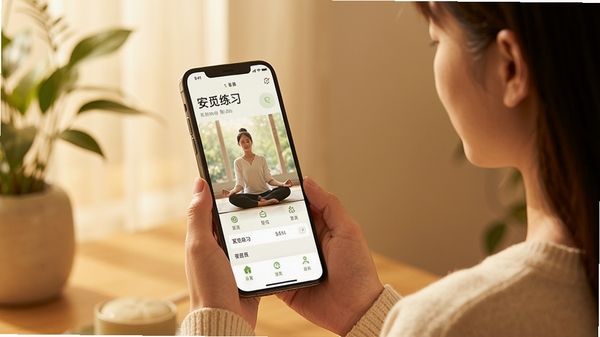 安觅软件主界面展示,清新自然风格,一位用户在手机上打开安觅应用进行冥想练习,背景是柔和的暖色调,突出静心氛围