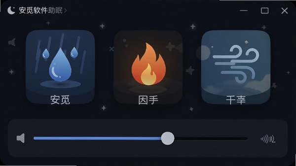 安觅软件助眠声音界面,展示多个声音图标如雨滴、火焰、风声,用户正在调节音量滑块,界面呈暗色调适合夜间使用