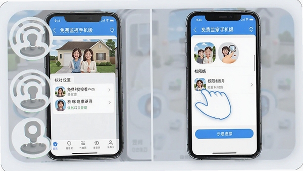 免费监控看家手机版权限设置与配对操作界面示意图