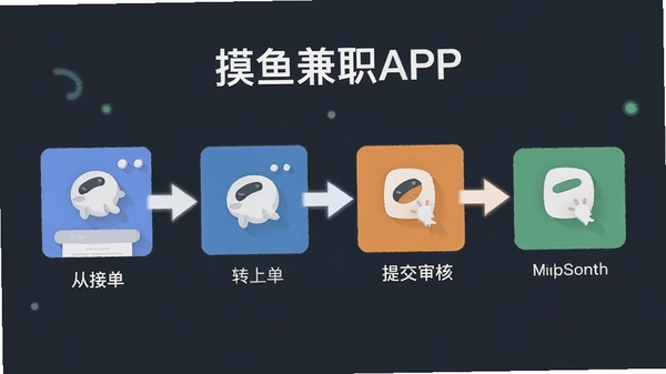 摸鱼兼职APP任务操作流程图,展示从接单到提交审核的步骤示意,扁平化设计风格