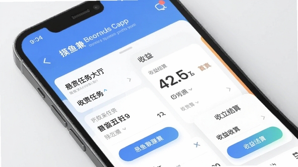 摸鱼兼职APP界面截图,展示悬赏任务大厅与收益结算页面,手机屏幕特写,简洁现代UI风格