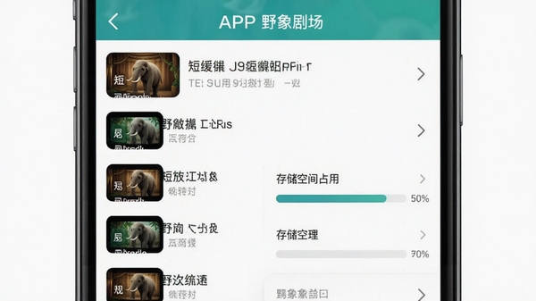 野象剧场APP缓存管理界面截图示意,手机屏幕展示已缓存短剧列表与存储空间占用进度条,界面配色以青绿色为主,突出离线观看与空间管理的实用功能