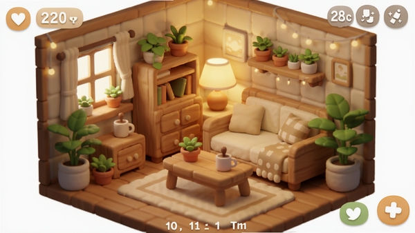 一屋app温馨小屋布置界面,柔和灯光下木质家具与绿植点缀,治愈系模拟经营游戏截图风格
