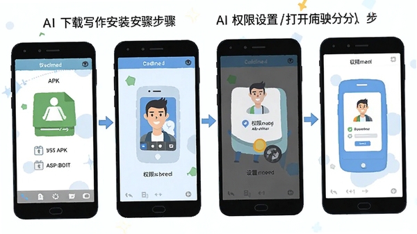 AI文案写作专家安卓手机安装步骤示意图,从下载APK到权限设置再到打开使用的分步画面,扁平化插画风格