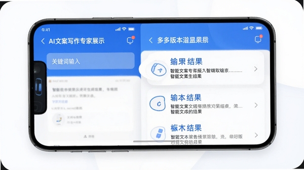 AI文案写作专家手机端智能文案生成界面展示,关键词输入框与多版本文案结果并列排布,清爽蓝白配色,科技感UI风格