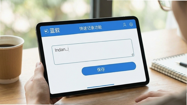 蓝叙快速记录功能界面,展示输入框与保存按钮,界面简洁,突出随手记录的使用场景