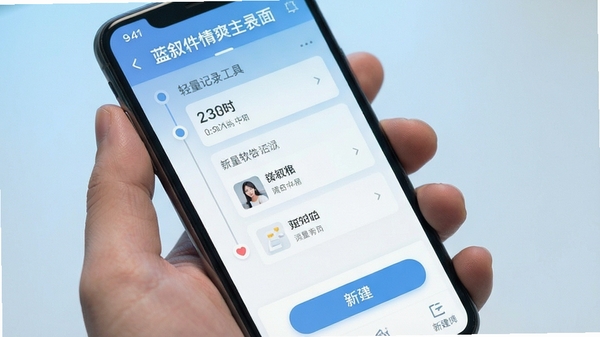 蓝叙软件清爽主界面展示,手机屏幕中呈现时间线记录列表与新建按钮,背景为淡蓝色渐变,突出轻量记录工具定位