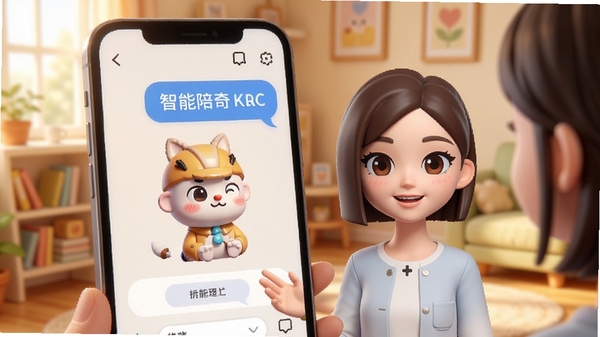 KATA Friends 虚拟角色互动场景,手机屏幕中可爱的卡通角色与用户对话,界面温馨明亮,突出智能陪伴氛围