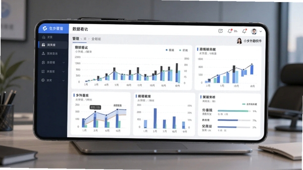 小步外勤软件团队管理与数据统计报表页面的AI生图提示词,展示手机端数据看板与图表统计功能