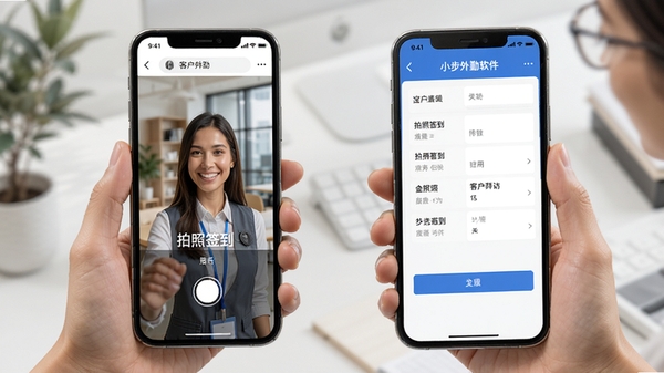 小步外勤软件拍照签到与客户拜访记录页面的AI生图提示词,展示手机端拍照打卡与表单填写场景