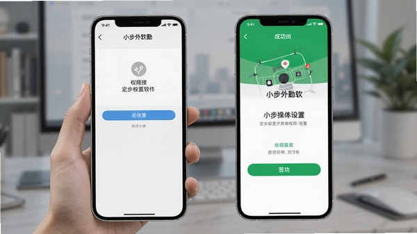 小步外勤软件安装权限设置与定位打卡操作指引的AI生图提示词,展示手机端权限授权界面与签到成功页面
