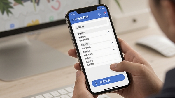 小步外勤软件工作汇报与表单填写界面的AI生图提示词,呈现手机端表单填写与提交审批的操作画面