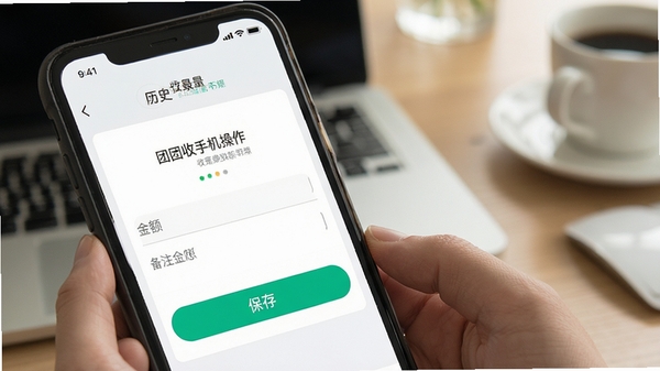 团团收手机端操作界面,用户正在录入收款金额与备注信息,界面清晰展示保存按钮与历史记录入口,体现便捷记账的使用场景