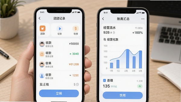 团团收软件界面展示,手机屏幕中呈现收款记录列表与经营流水汇总图表,简洁清新的记账工具界面,突出便捷收款与账目管理功能