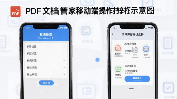 PDF文档管家移动端操作技巧示意图,手机屏幕展示权限设置和文件保存路径选择