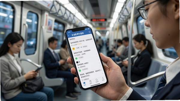 主治医师牛题库使用场景AI生图,考生在通勤地铁上用手机刷题,界面清晰展示题目与解析,现代都市学习场景