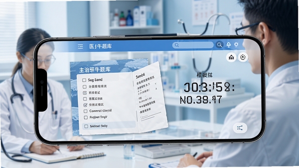 主治医师牛题库模拟考试界面AI生图,手机展示答题卡与倒计时,医学考试场景,蓝白色调,简洁专业